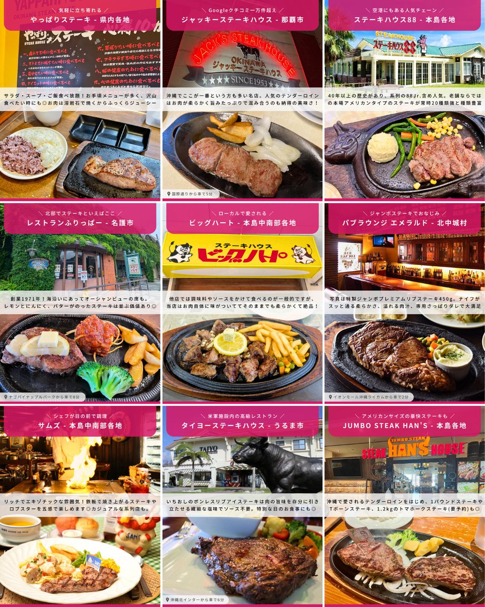 Feel_OKINAWA's tweet photo. 【ブクマ推奨】

沖縄の人気ステーキ9選！

ジャッキーステーキハウス-那覇
やっぱりステーキ-県内各地
ステーキハウス88-本島各地
レストランふりっぱー-名護
パブラウンジ エメラルド-北中城
タイヨーステーキハウス-うるま市
サムズ-本島中南部
ビッグハート-本島中南部
JUMBO STEAK HAN'S-本島各地 https://t.co/QNRa5ebogB