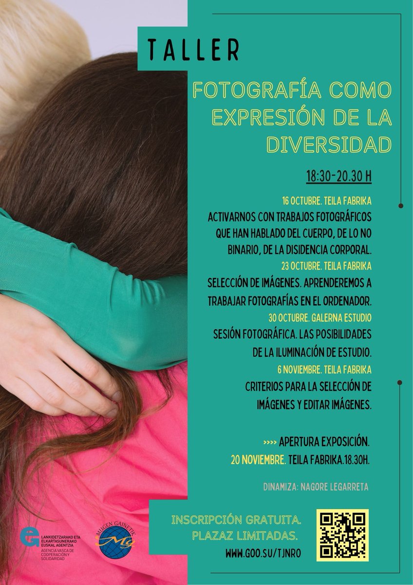 TALLER 📸 Fotografía como expresión de la diversidad 🌈
🗓️ 16, 23 y 30 oct + 6 nov 
📍 Teila Fabrika y Galerna Estudio
👉 20 nov: apertura de la exposición 
Gratuito. Plazas limitadas. Inscripción 
🔗 donostiaentremundos.org/eu/evento/1096…

#Donostia #Fotografía #Diversidad #Cultura #Comunidad