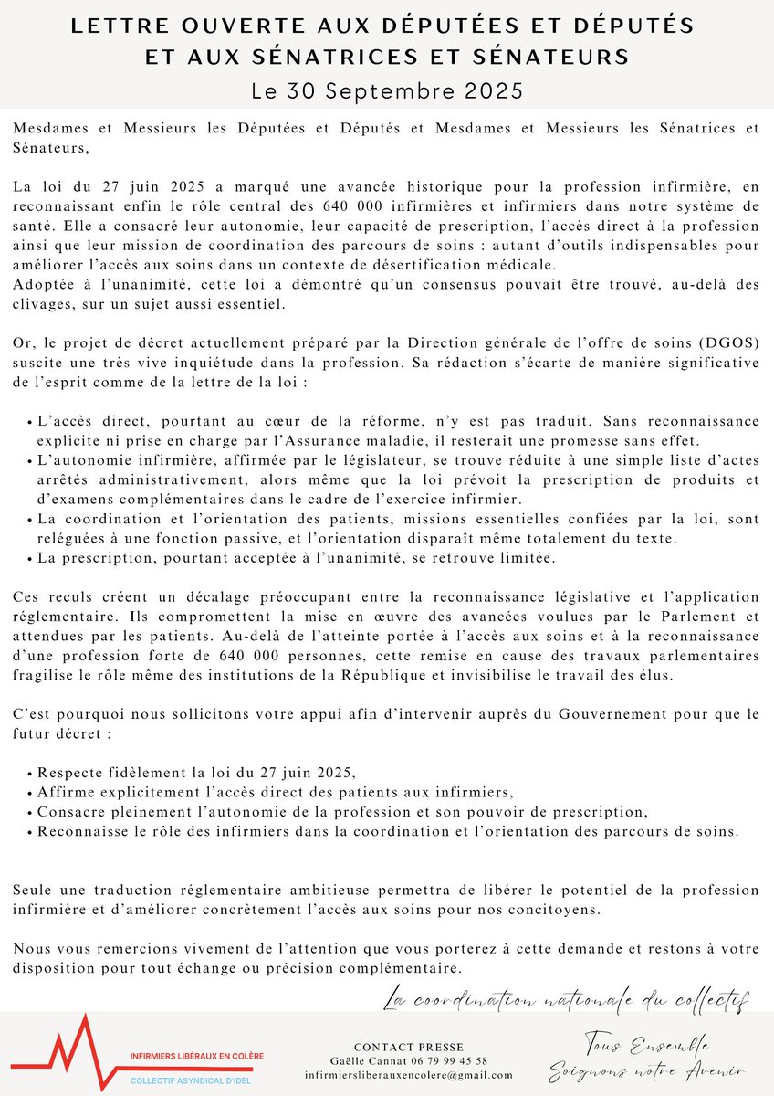 📢 La loi infirmière votée le 27 juin 2025 reconnaît l’autonomie &amp; l’accès direct.
Le projet de décret DGOS les vide de leur sens ❌
Nous demandons le respect de la loi et des 640 000 infirmiers !
#AccèsDirect #LoiInfirmière #SoignonsNotreAvenir
<a href="/Senat/">Sénat</a> <a href="/AssembleeNat/">Assemblée nationale</a>