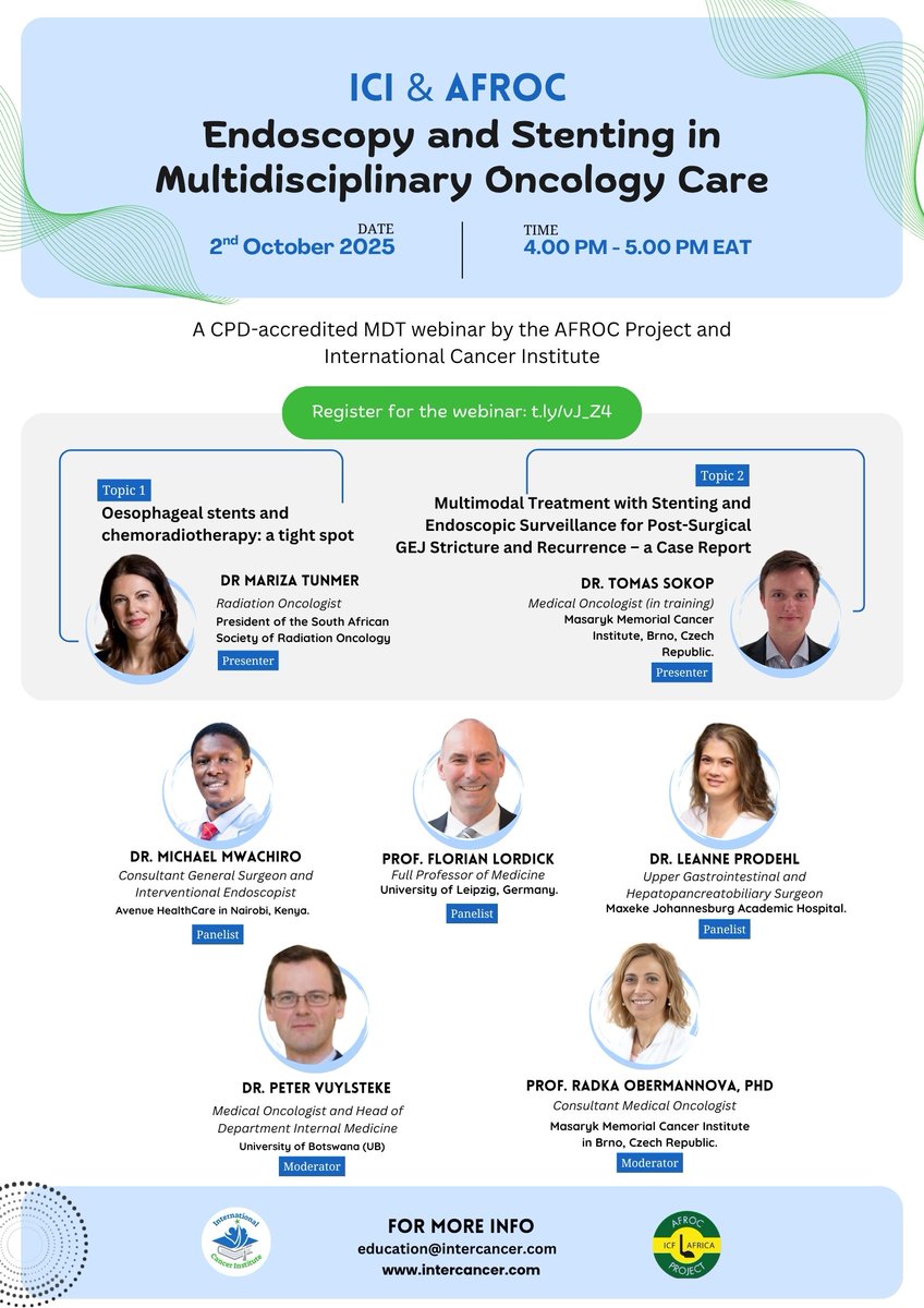 Intercancer's tweet image. We have an incredible endoscopy-focused MDT by the AFROC Project and ICI on 2nd October 2025, 4-5 pm EAT. Join Dr. Mariza Tunmer and Dr. Tomas Sokop in this CPD-accredited CME themed, &quot;Endoscopy and Stenting in Multidisciplinary Oncology Care.&quot;  #Endoscopy