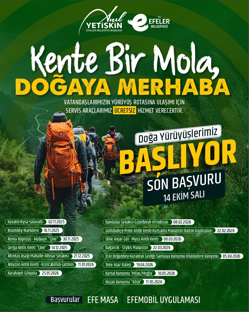 Kente Bir Mola, Doğaya Merhaba! 🌿

Hemşehrilerimizi doğanın huzuruyla buluşturuyoruz. Birbirinden özel rotalarda düzenleyeceğimiz doğa yürüyüşlerimiz başlıyor!

📌 Katılım tamamen ücretsizdir.
📌 Son başvuru: 14 Ekim Salı

📲 Başvurular: Efe Masa veya Efemobil Uygulaması