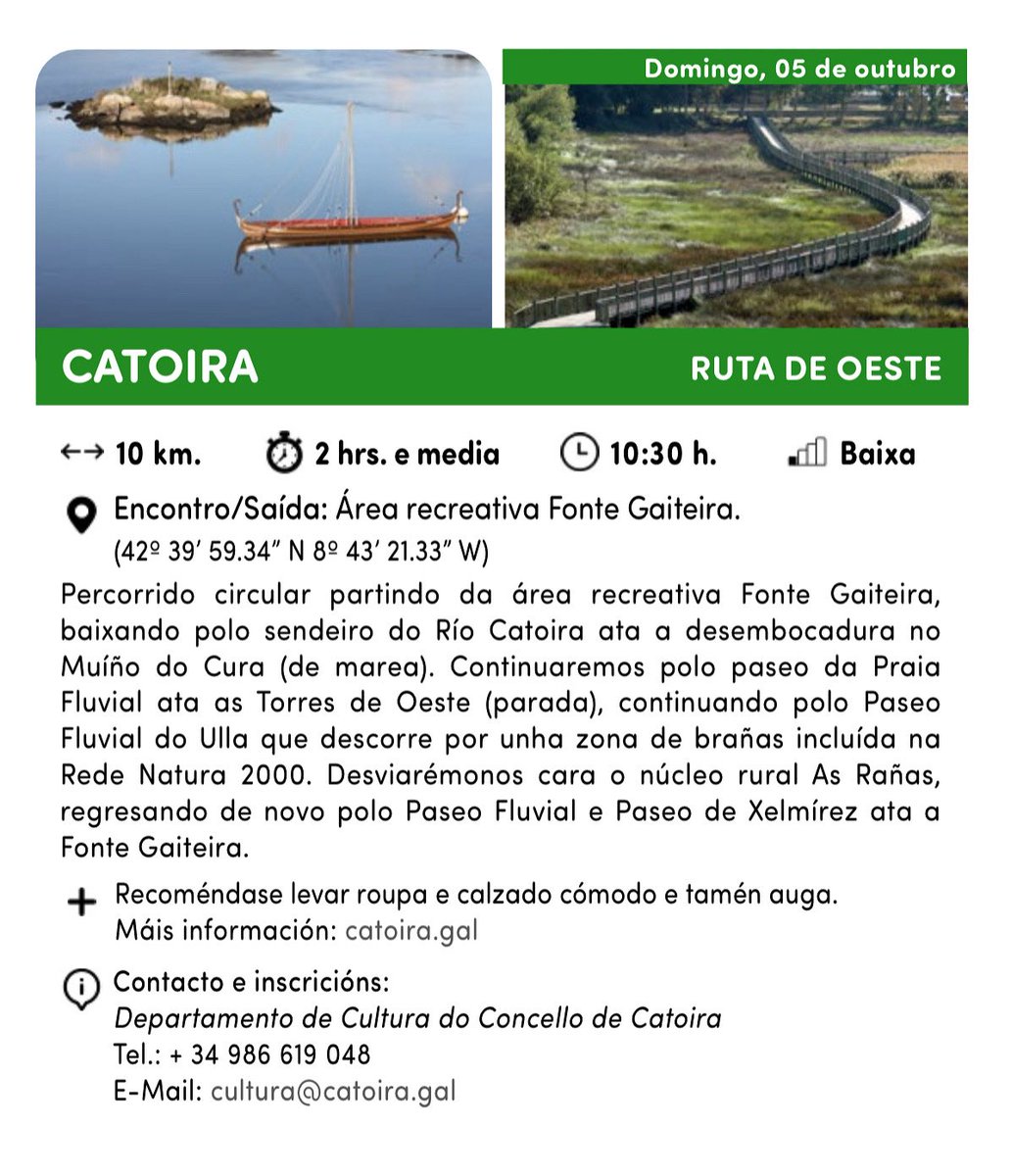 GozadoUlla's tweet photo. 🌿🚶‍♀️ Ruta de Oeste
📅 Domingo, 5 de outubro
🕥 Saída ás 10:30 h
📍 Área recreativa de Fonte Gaiteira

Percorrido circular de 10 km (dificultade baixa, duración de 2:30 horas) polos espazos naturais de @concello_de_catoira

ℹ️ inscricións:
https://t.co/LdHFHEZpEA 
📞 986 619 048 https://t.co/Qx0V8TYNqz