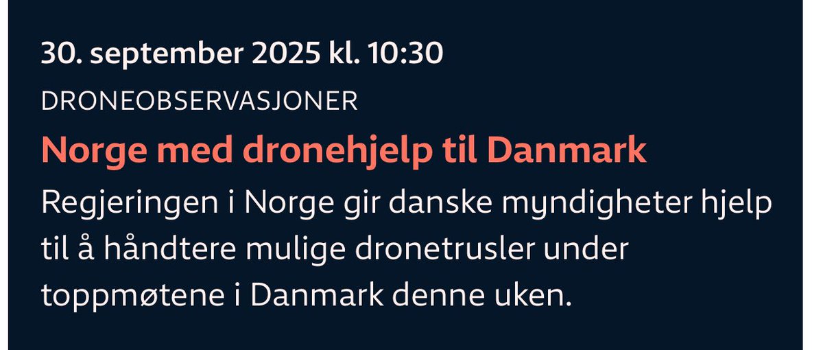 Slattkarn's tweet image. Norge skal hjelpe til med å håndtere droner i Danmark!
Det må da være en vits… Norge greier jo fan ikke håndtere droneproblemene her til lands en gang.
#drone #hjelp #vits #dronehjelp #håndtering #droneobservasjoner #skyt_ned