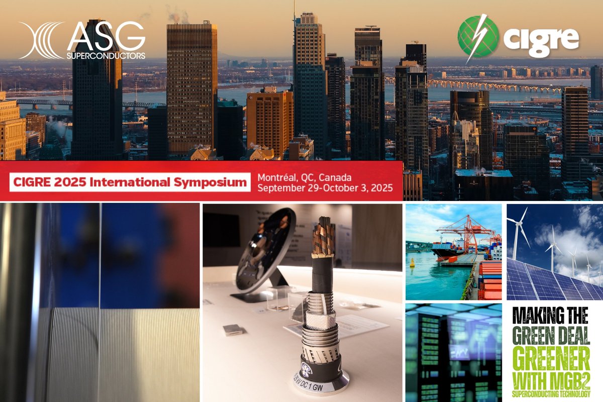📍 Visit us #cigre2025 and don’t miss our contribution at Study Committee B1:
 
🎤 “MVDC Superconducting MgB₂-Based Cable Systems Supporting Decarbonization and Energy-Demanding Industry”
 
 #ASGSuperconductors #CIGRE2025 #Montreal #GridInnovation #Superconductors #MgB2