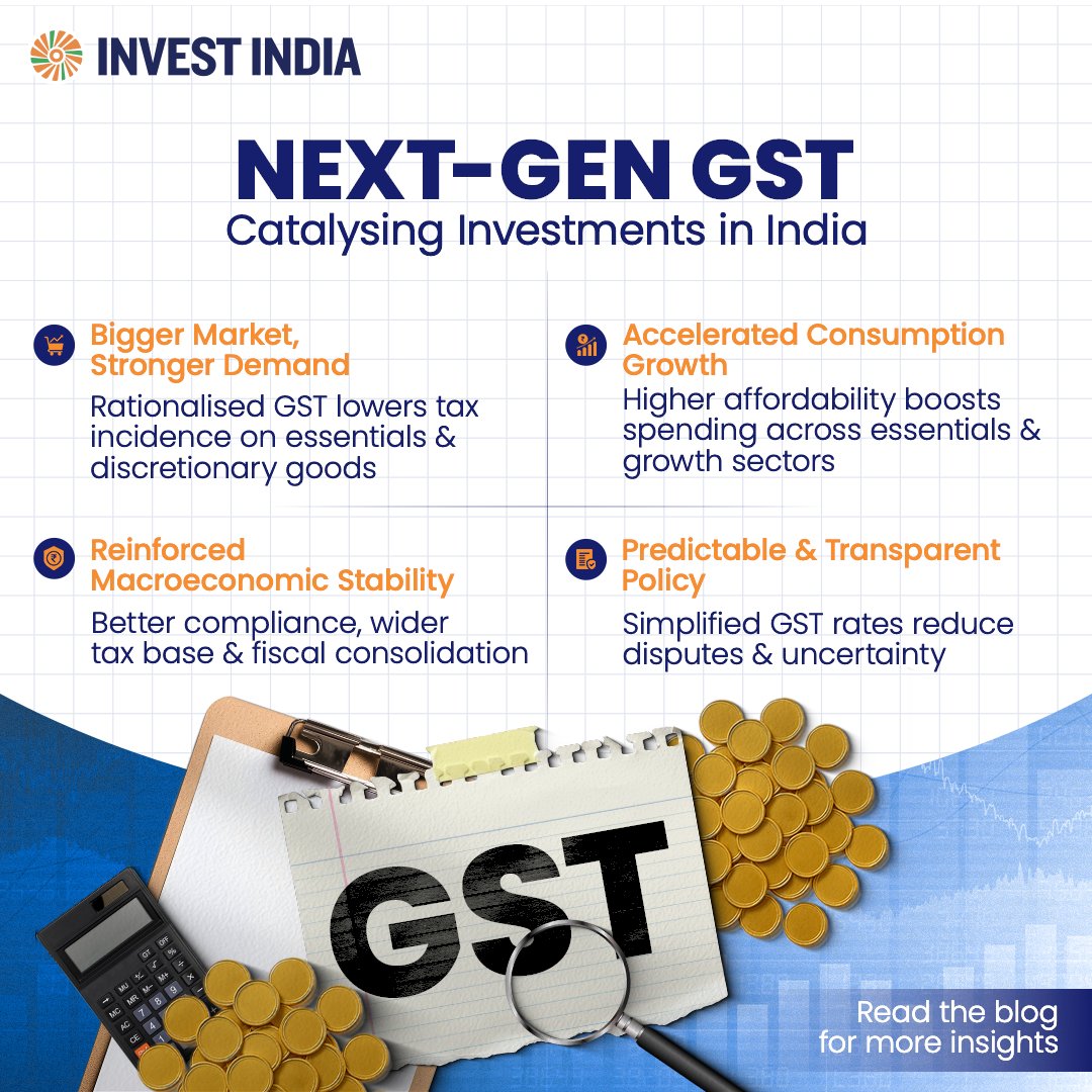 investindia's tweet image. #BlogAlert

#GST rationalisation anchors a new era of transparency for global businesses. This structural reform, alongside #PLI-linked #industrialisation, secures India&apos;s place as a manufacturing powerhouse.

Read more: tinyurl.com/blogs-NEXT-GEN…

#InvestInIndia #NextGenGST