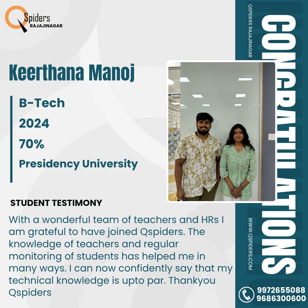 QRajajinagar's tweet image. Congratulations Keerthana Manoj on your amazing journey with QSpiders Rajajinagar!

#QSpiders #PySpiders #StudentSuccess #CareerGrowth #TechnicalTraining #SoftwareTesting #SuccessStory #FutureEngineer #CodingJourney #UpskillWithQSpiders #TechCareers #QSpidersFamily #Rajajinagar