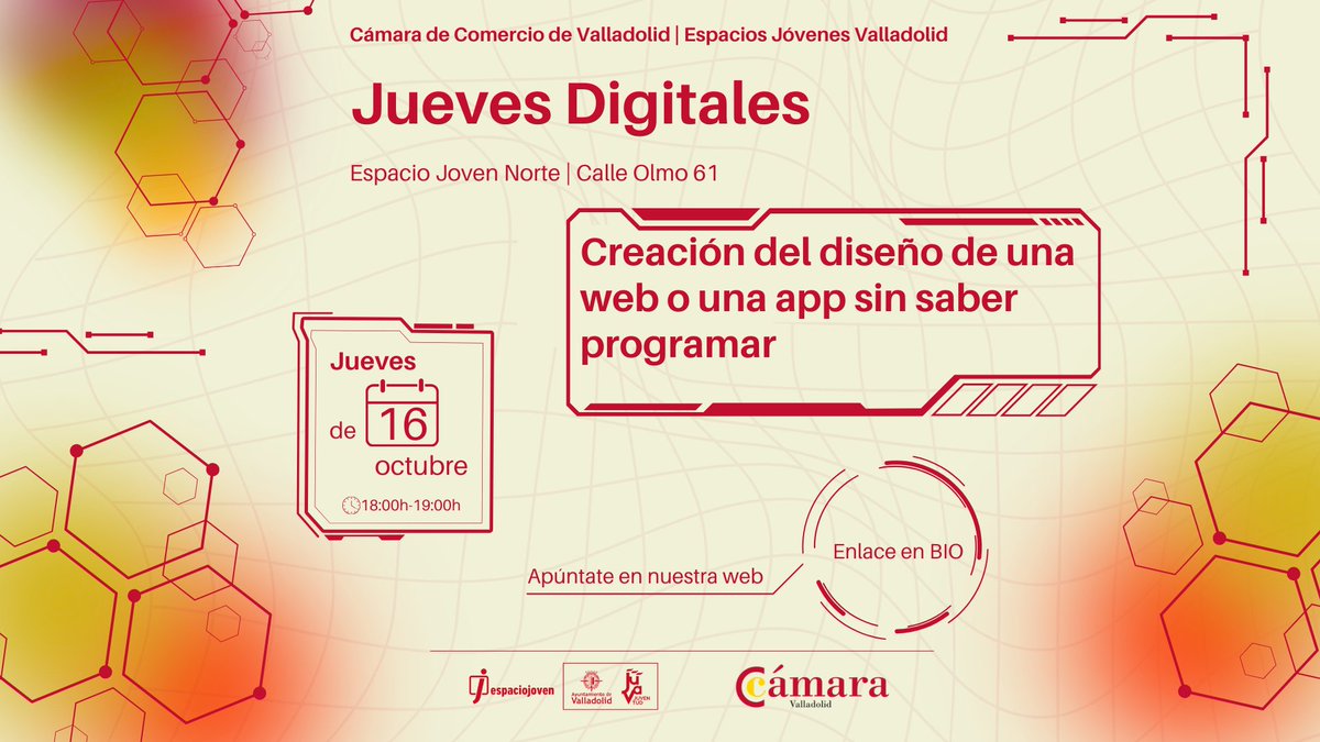 ¿Tienes una idea para una web o app, pero no sabes programar? 

¡No te preocupes, este evento es para ti!🚀Aprende a crear tu página web sin necesidad de conocimientos técnicos

📩espaciosjovenesvalladolid.es

<a href="/AyuntamientoVLL/">Ayto. de Valladolid</a> | Espacios Jóvenes Valladolid

#JuevesDigitales #Digital