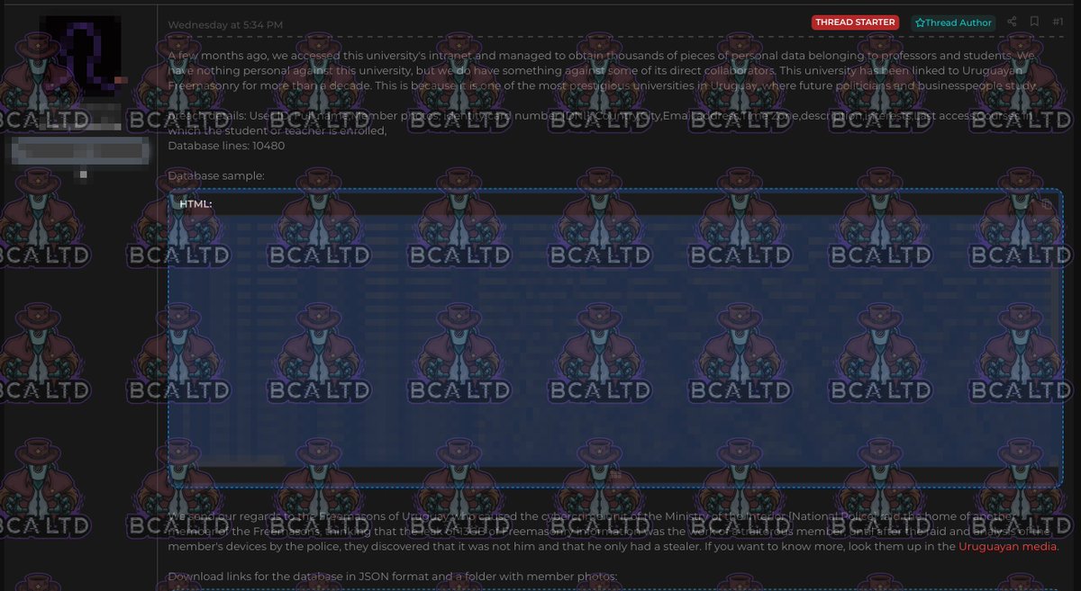 🤠 Sheriff: new #cybercrime intelligence.

🇺🇾 #Uruguay: TA leaked a database belonging to Universidad ORT containing 10,480 lines of student and teacher data.

⬇️ Details below.