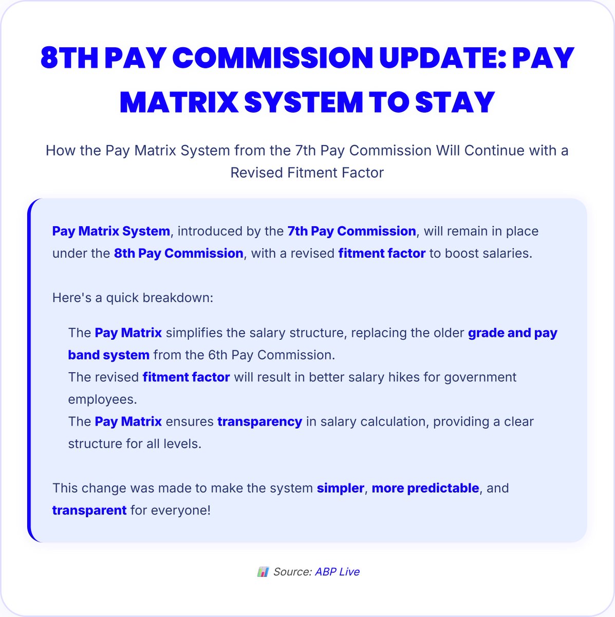 🚨 8th Pay Commission Update for Govt Employees 🚨
#8thPayCommission #PayMatrix #GovtEmployees #SalaryHike #PayMatrixSystem #FitmentFactor #SalaryUpdate #GovtSalary #EmployeeBenefits #SalaryIncrease #GovtJobs #PayCommissionUpdate #TransparencyInPay #CentralGovtEmployees