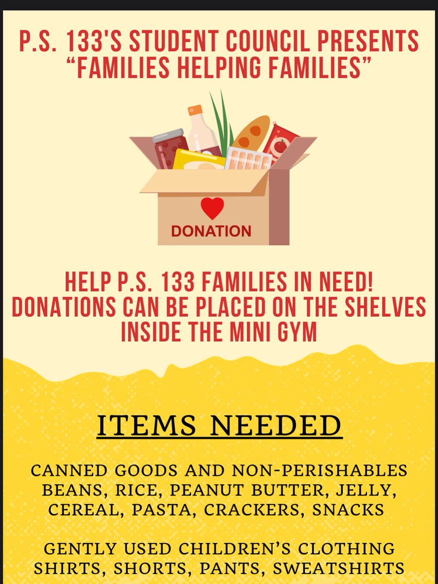 Our Student Council needs your help! Our “Families helping Families” initiative returns to support one another in our school community. Thank you spreading kindness throughout Bellerose. #ps133cares