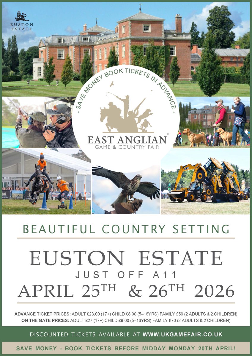 Tickets for the 2026 #EAGCF 25/26 April - Euston Estate are now live and frozen at this year's rates! Book now to save money in advance - Click the website link in our bio! #eustonestate #gameandcountryfair #countrysideevents #visiteastanglia