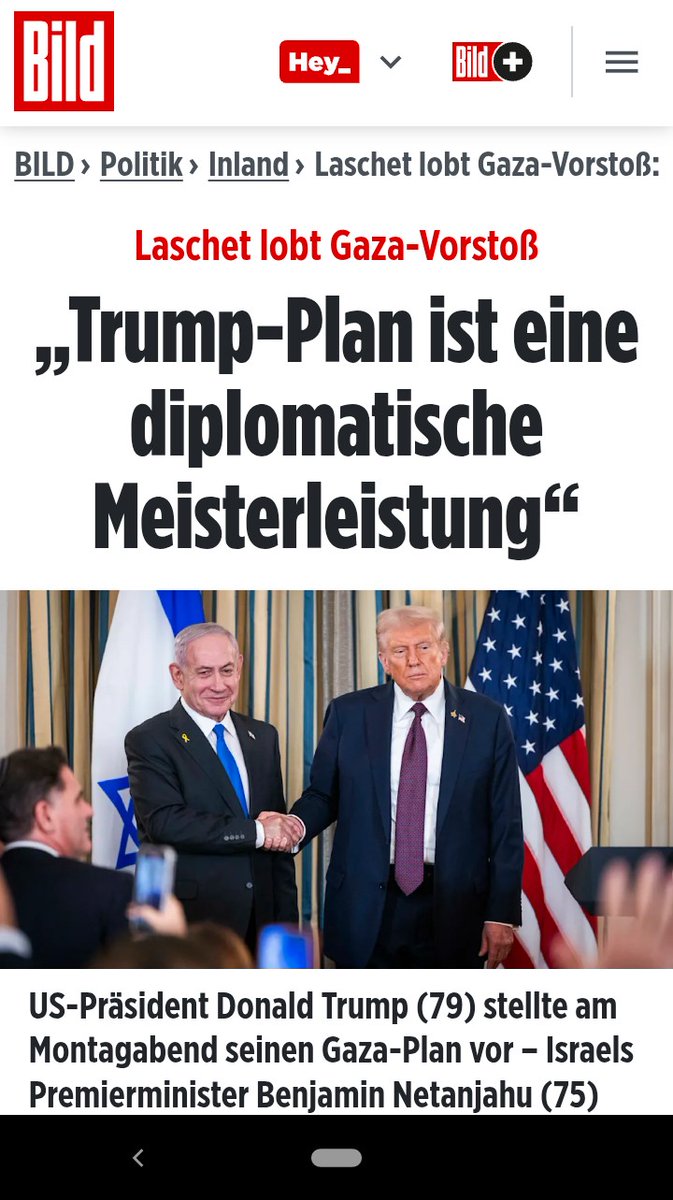 Muss ich Herrn <a href="/ArminLaschet/">Armin Laschet</a> doch ausnahmsweise Recht geben! Es ist vielleicht nicht die gerechteste Lösung, aber der Friedensplan von #Trump, so er denn aufgeht, wäre eine diplomatische Glanzleistung mit Potential, im Nahen Osten endlich für etwas Frieden &amp; Ruhe zu sorgen!
#Bild