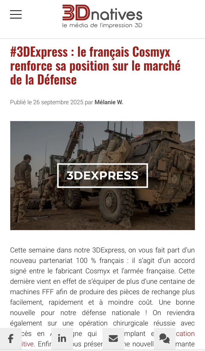 cosmyx3d's tweet image. le français #Cosmyx renforce sa position sur le marché de la Défense
Publié le 26 septembre 2025 par Mélanie W. Sur #3dnatives #FabricationAdditive #AdditiveManufacturing 

3dnatives.com/cosmyx-armee-f…