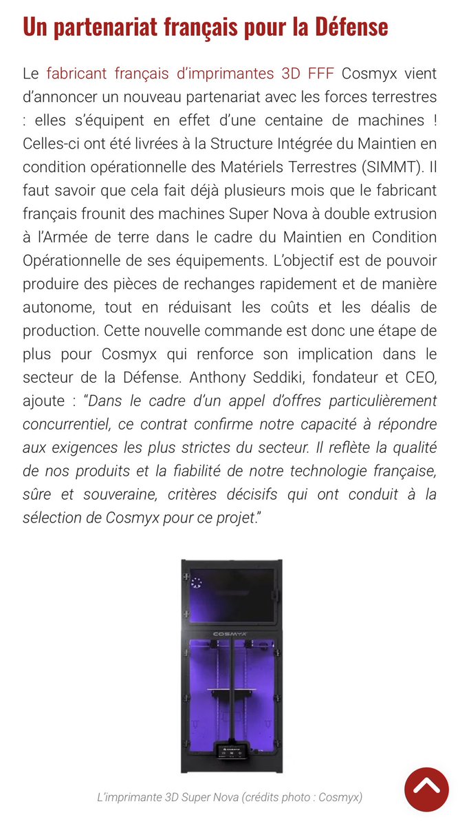 cosmyx3d's tweet image. le français #Cosmyx renforce sa position sur le marché de la Défense
Publié le 26 septembre 2025 par Mélanie W. Sur #3dnatives #FabricationAdditive #AdditiveManufacturing 

3dnatives.com/cosmyx-armee-f…
