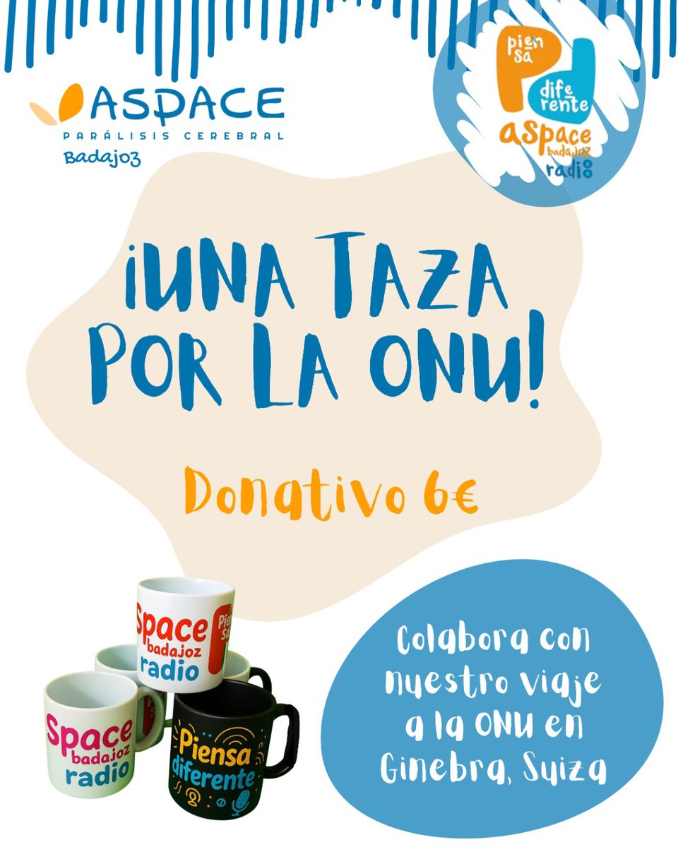 fecodes_es's tweet photo. 🌍✨ ¡Haz posible este sueño!
@aspacebadajoz  ha sido invitada a la ONU en Ginebra para dar voz a la inclusión.
Colabora con la campaña #UnaTazaPorLaONU (6 €) y súmate a este viaje histórico.
Más info 👉 aspacebadajoz.radio@aspacebadajoz.org
#Inclusión #DerechosHumanos https://t.co/UmgyW0ytge