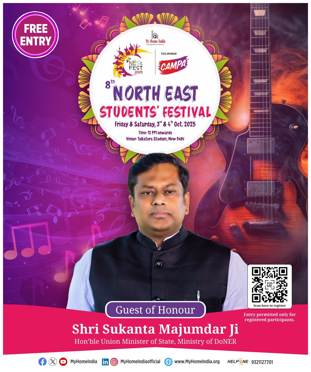 MyHomeIndia's tweet photo. We are privileged to welcome Shri @DrSukantaBJP Ji, Hon’ble Union Minister of State, Ministry of DoNER, as the Guest of Honour at the 8th North East Students’ Festival. 

His esteemed presence will greatly enhance this celebration of cultural harmony and unity...🙏🏻
#NEStFest2025 https://t.co/qO8s4Sz9Vv