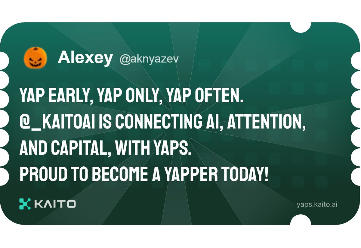 aknyazev's tweet photo. Yap early, yap only, yap often.

@KaitoAI is connecting AI, attention and capital with Yaps.

Just claimed my social card and I'm accumulating Yap points in real-time.

Claim yours 👉 https://t.co/n1sZESt6oc https://t.co/kdHAlr3u7o