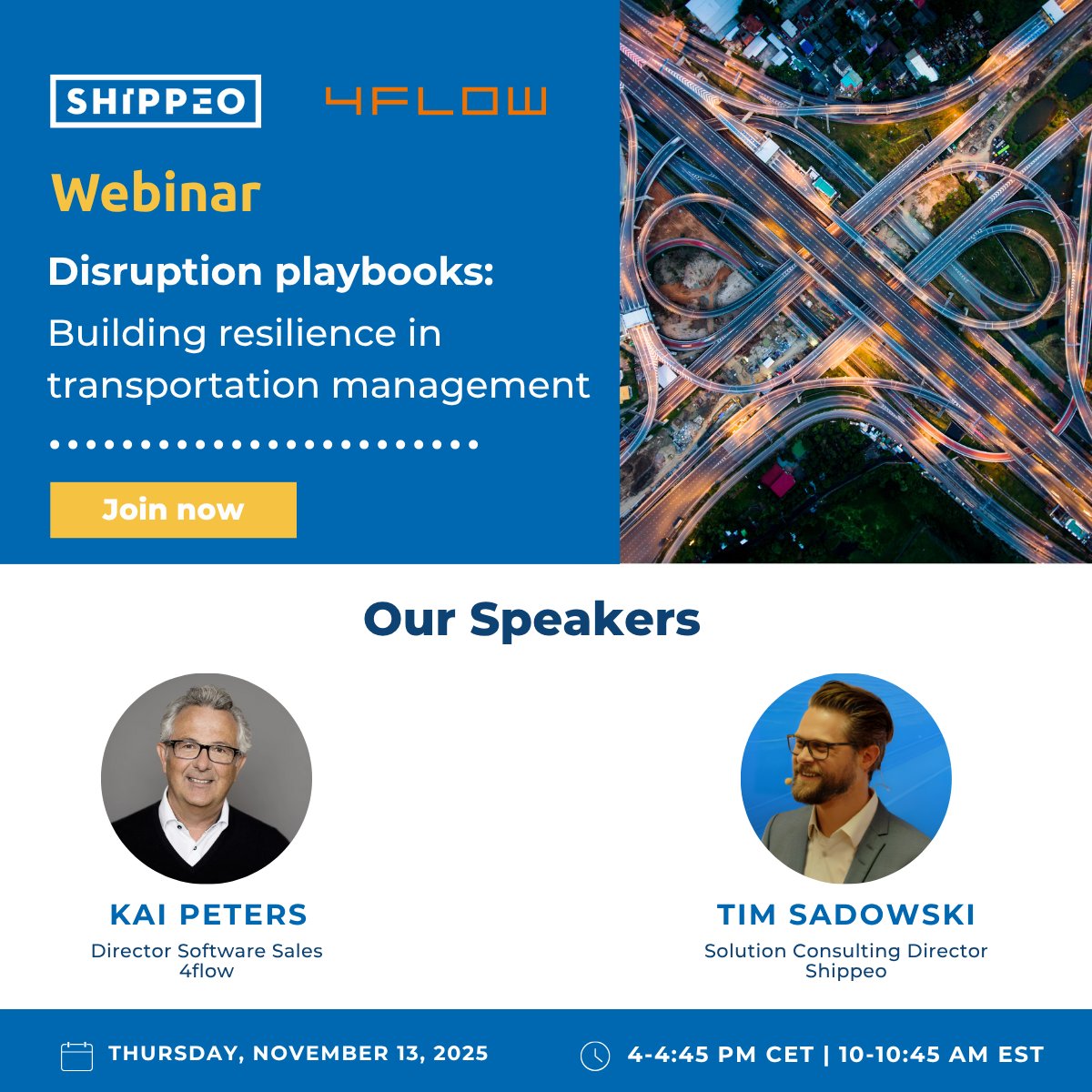 ShippeoFRA's tweet photo. Disruptions are a daily reality for transportation leaders! 
Join #Shippeo and #4flow experts to learn how to build a truly resilient #SupplyChain. Tim Sadowski and Kai Peters will share actionable insights to help you anticipate risks.
Register: https://t.co/HQj1bm4rf1 https://t.co/5Vbqei0ceM