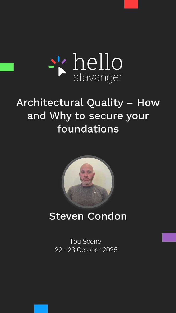 ⏳ Only 22 days to go until HelloStavanger 2025!

Meet Steven Condon – Quality Architect at Lyse Tele.
In his talk , he’ll show how strong quality foundations are key to every enterprise solution
🎟️ Tickets are still available
👉 Get your ticket here: event.checkin.no/119397/-hellos…