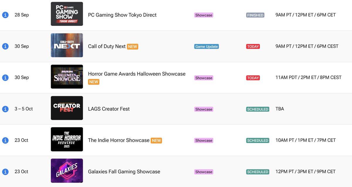 GameConfGuide's tweet image. Showcases to watch today:
🔫Call of Duty NEXT (@CallofDuty)
🦇Horror Game Awards Halloween Showcase (@HorrorGameAward)
Get all the links and details how to watch them here: gameconfguide.com/#showcase