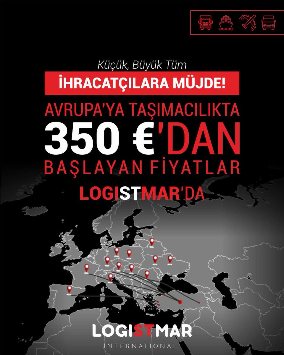 logistmar's tweet photo. Küçük, büyük tüm ihracatçılara müjde!
Avrupa'ya taşımacılıkta 350 € 'dan başlayan fiyatlar Logistmar'da.

Logistmar International
📞 Telefon: 0342 909 62 07 • 0542 227 51 07
📧 E-posta: info@logistmar.com
🌐 Web: https://t.co/8KekbQBORP

#logistmar #lojistik https://t.co/Sj0qnVPReQ