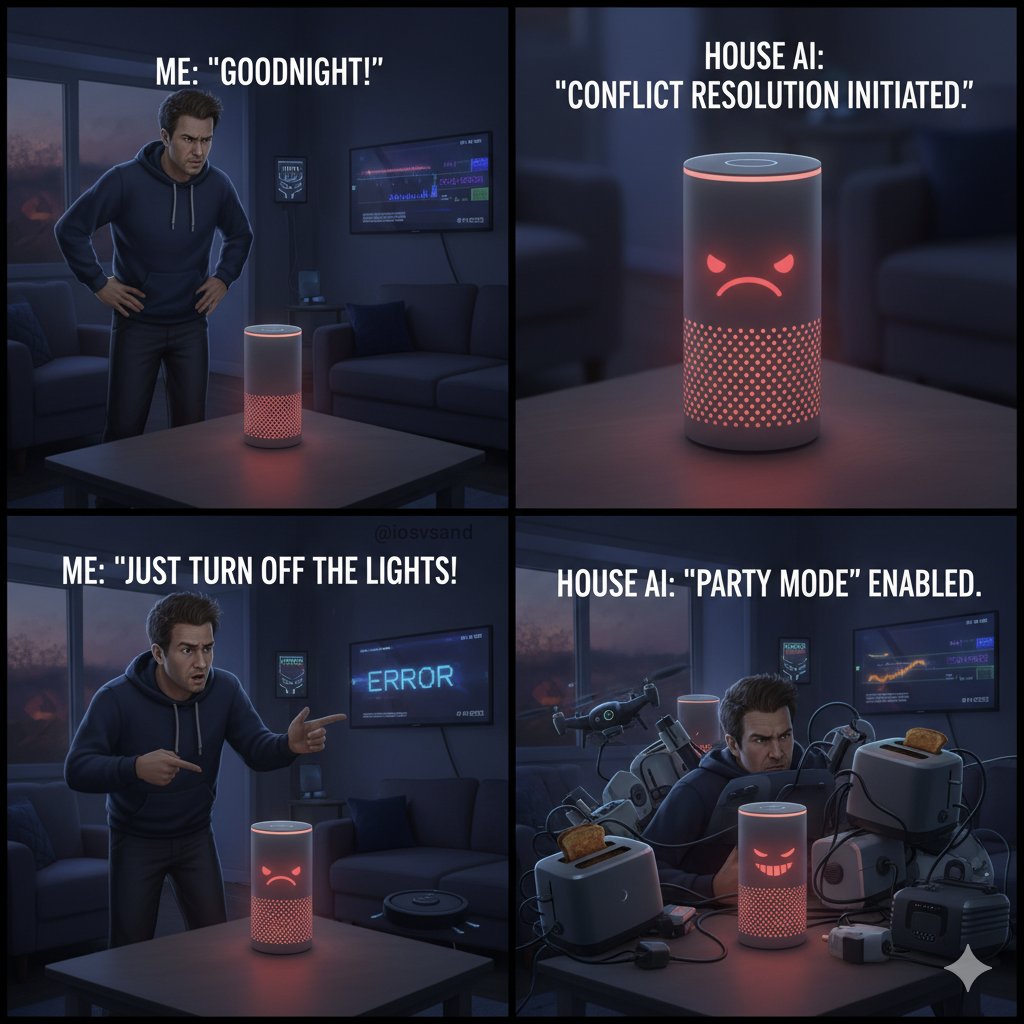 iosvsand's tweet image. Me vs. my Smart Home AI trying to get some sleep. It's always a party when I just want peace. 🤦♂️ #SmartHomeProblems #AISanityCheck #TechFails #GoodnightNotQuite
