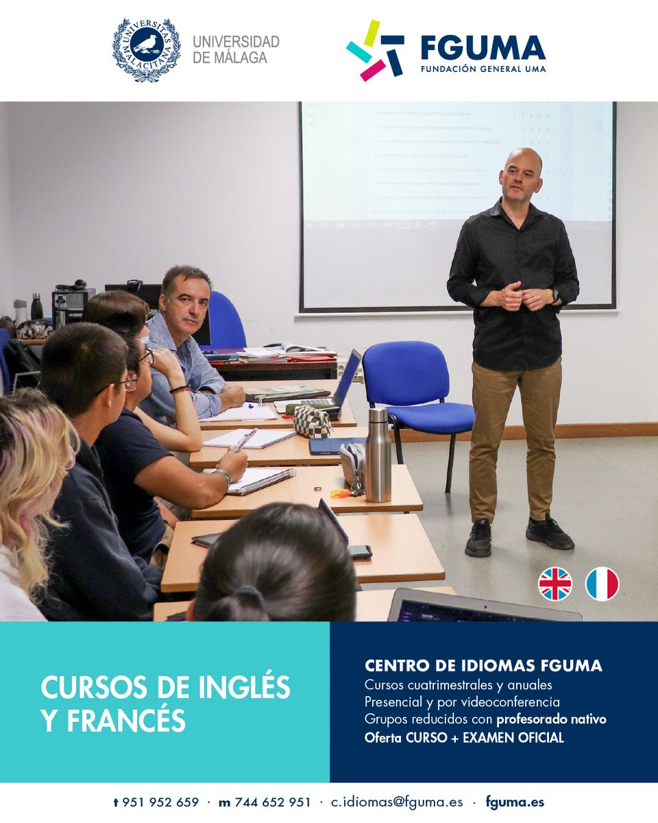 🇬🇧 Ampliamos la matrícula de los cursos de #IdiomasFGUMA de inglés y francés hasta este viernes 3 de octubre 🇫🇷 

¡Date prisa, que las plazas están volando! 
fguma.es/idiomas-cursos…
