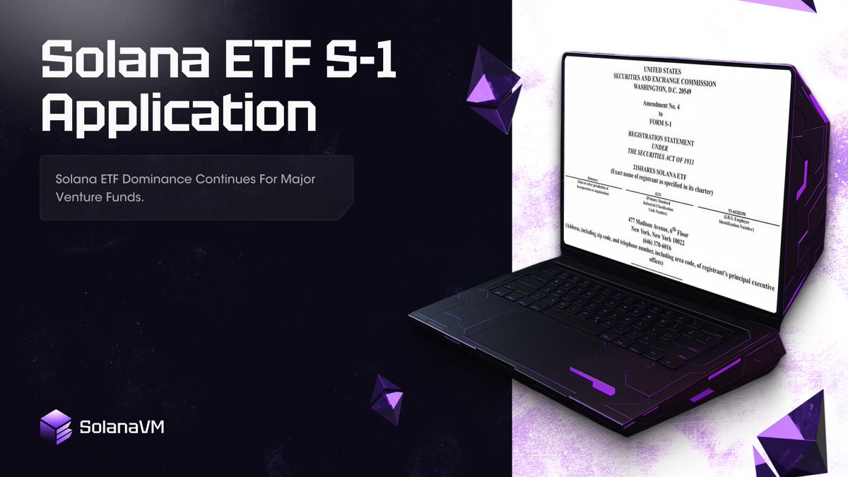 Solana ETF S-1 Application graphic featuring a laptop displaying SEC filing details