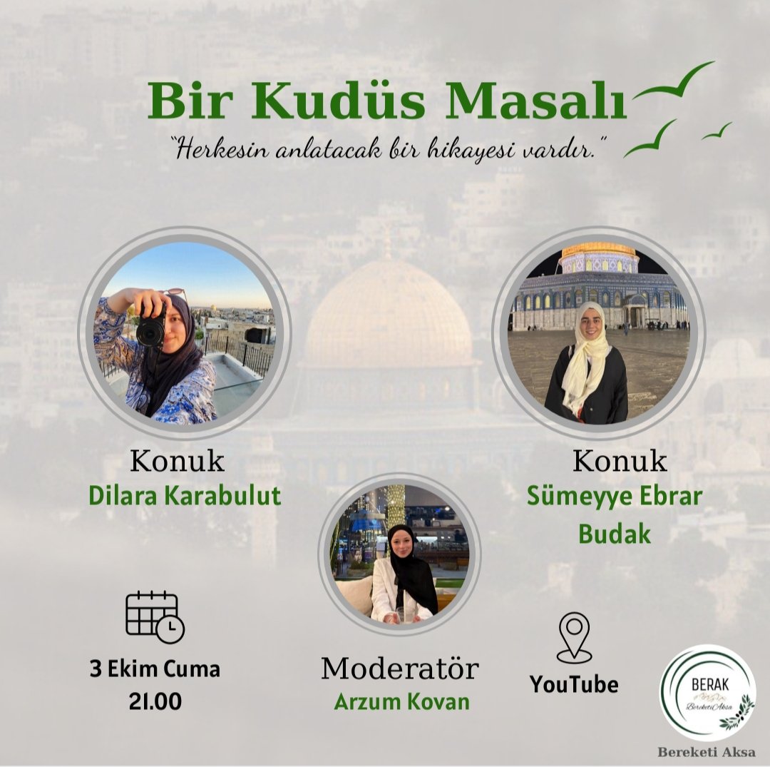 Temmuz 2023’te başlattığımız Bir Kudüs Masalı projemizin 11. programını, Arzum Kovan’ın moderatörlüğünde, Dilara Karabulut ve Sümeyye Ebrar Budak’ın katılımıyla gerçekleştiriyoruz.

📌 3 Ekim Cuma Bereketi Aksa/YouTube kanalında yayında!

Grup linki
chat.whatsapp.com/EcA0MLkGCNS8q1…