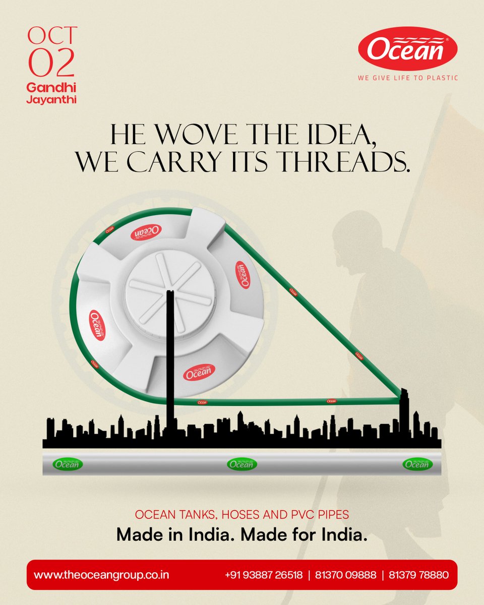 Ocean_Polymers's tweet photo. He wove the idea, we carry its threads. 🌱
This Gandhi Jayanthi, let’s honor Bapu’s vision with strength &amp; sustainability. 🇮🇳
#MadeInIndia #OceanGroup"
#GandhiJayanthi #MahatmaGandhi #SustainableIndia #MakeInIndia #OceanTanks #EcoFriendly #SwachhBharat #IndianManufacturing https://t.co/rAboaPSWv8