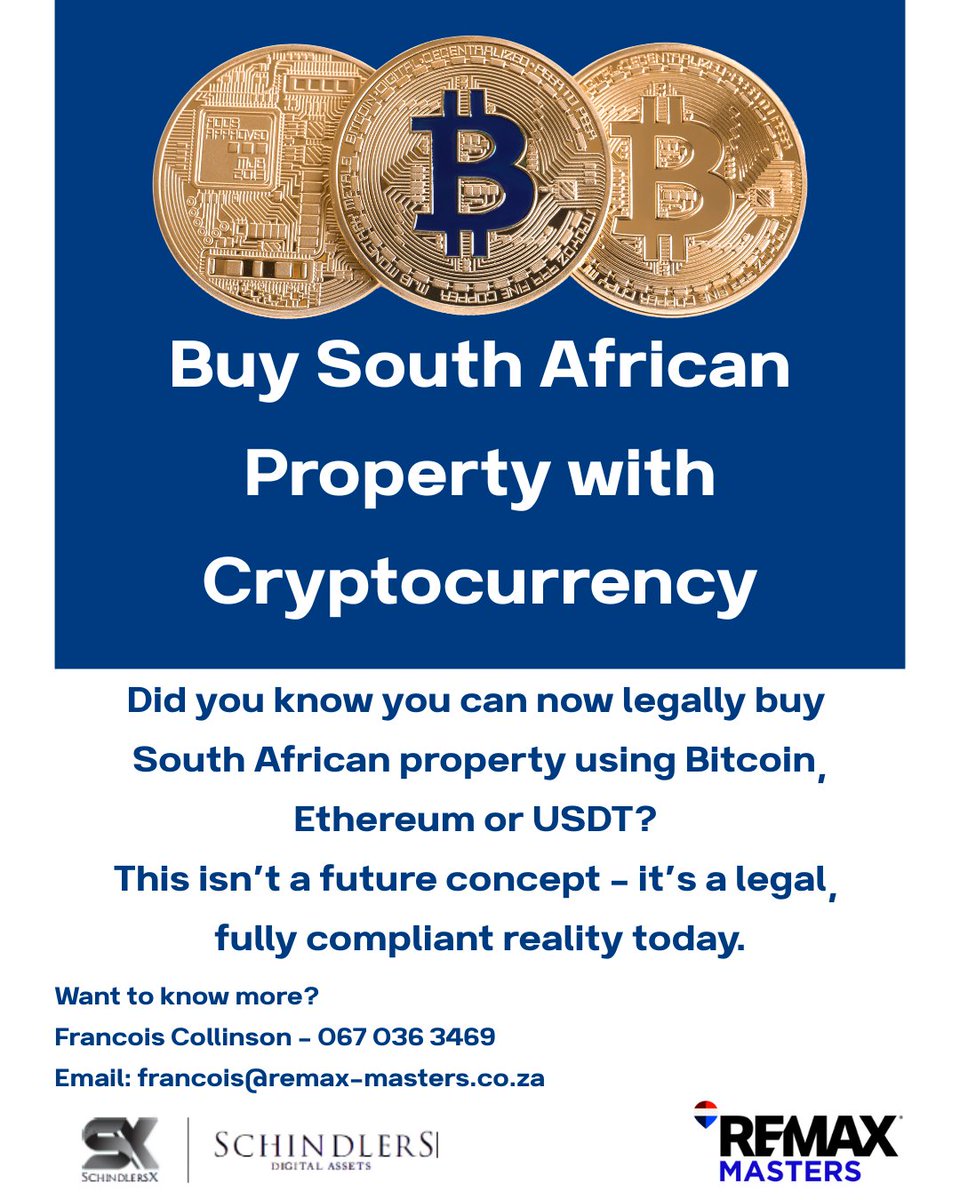 YES, you can now buy property with CRYPTO!!
Call me to find out how.
Francois Collinson - Team Innovatio - RE/Max Masters - 084 581 4302 - WhatsApp 0670363469 - francois@remax-masters.co.za #remax #remaxsa #remaxmasters #teaminnovatio #iamremax #remaxsocial #propertyprofessionals