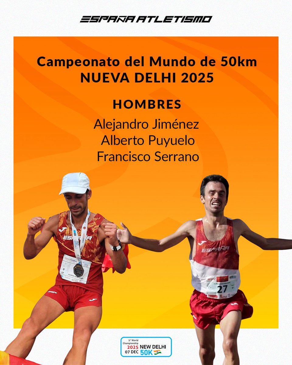 #EspañaAtletismo rumbo a Nueva Delhi 🇮🇳

El 7 de diciembre el Ultrafondo tiene su cita más importante 👉🏼 Campeonato del Mundo de 50km <a href="/iaunews/">IAU</a> 

Alejandro Jiménez, Alberto Puyuelo y Francisco Serrano defenderán nada menos que el 🥇 por equipos 🤩

Preselección 🔗