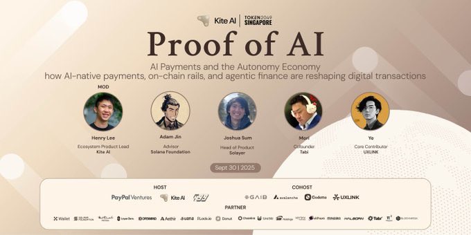 Proof of AI 活动海报，展示来自 Kite AI、Solana Foundation、Solayer、Tabi 和 UXLINK 的小组嘉宾