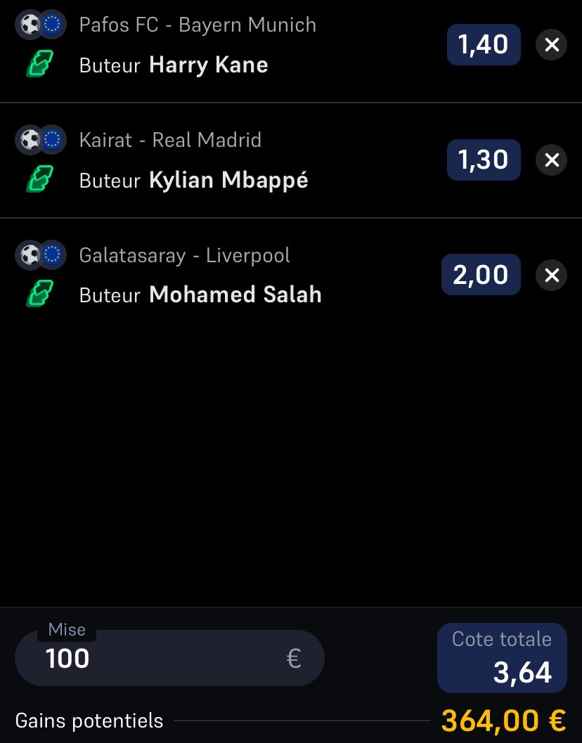 KickOff_Pronos's tweet photo. COMBI BUTEUR LDC 🏆🎯

Kane x Salah x Mbappé

Pour ceux qui veulent jouer sur deux jours, vous pouvez rajouter Haaland et pour les plus téméraire Yamal. ⚡️ https://t.co/PGd93ncBZj