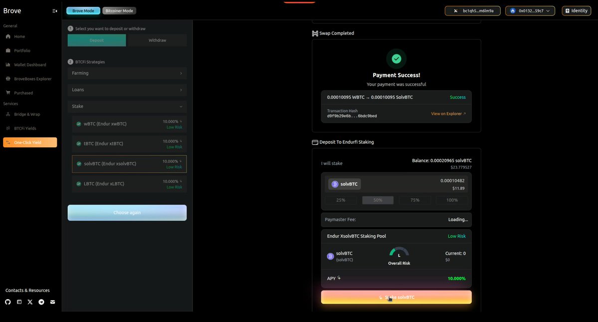 Nadai02010's tweet image. 🔥Hey Brover

Supporting BTCFi on @Starknet? Easy mode:

1️⃣Pick a strategy: e.g, Stake @endurfi + solvBTC
2️⃣Choose a bridge: @atomiqlabs or @layerswap 
3️⃣Use Paymaster + @avnu_fi aggregator to swap wBTC → solvBTC
4️⃣Stake your solvBTC

⚡3 clicks. Just as easy the other way 🔄