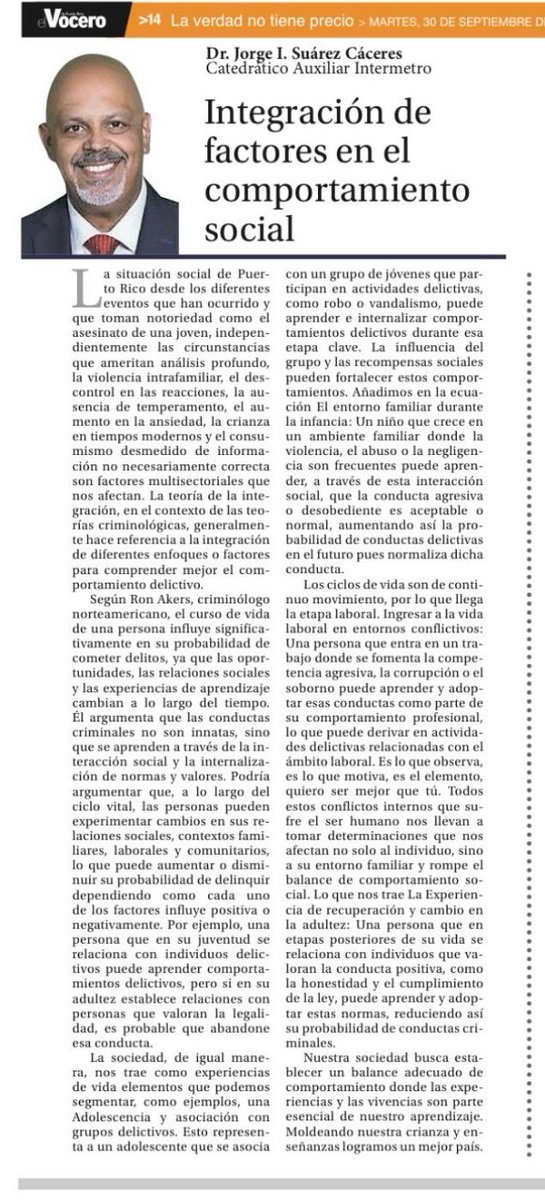 Comparto mi escrito en el periódico <a href="/VoceroPR/">El Vocero de Puerto Rico</a> sobre la mutiplicidad de factores que insisten en el comportamiento social y el reto q tenemos como sociedad.