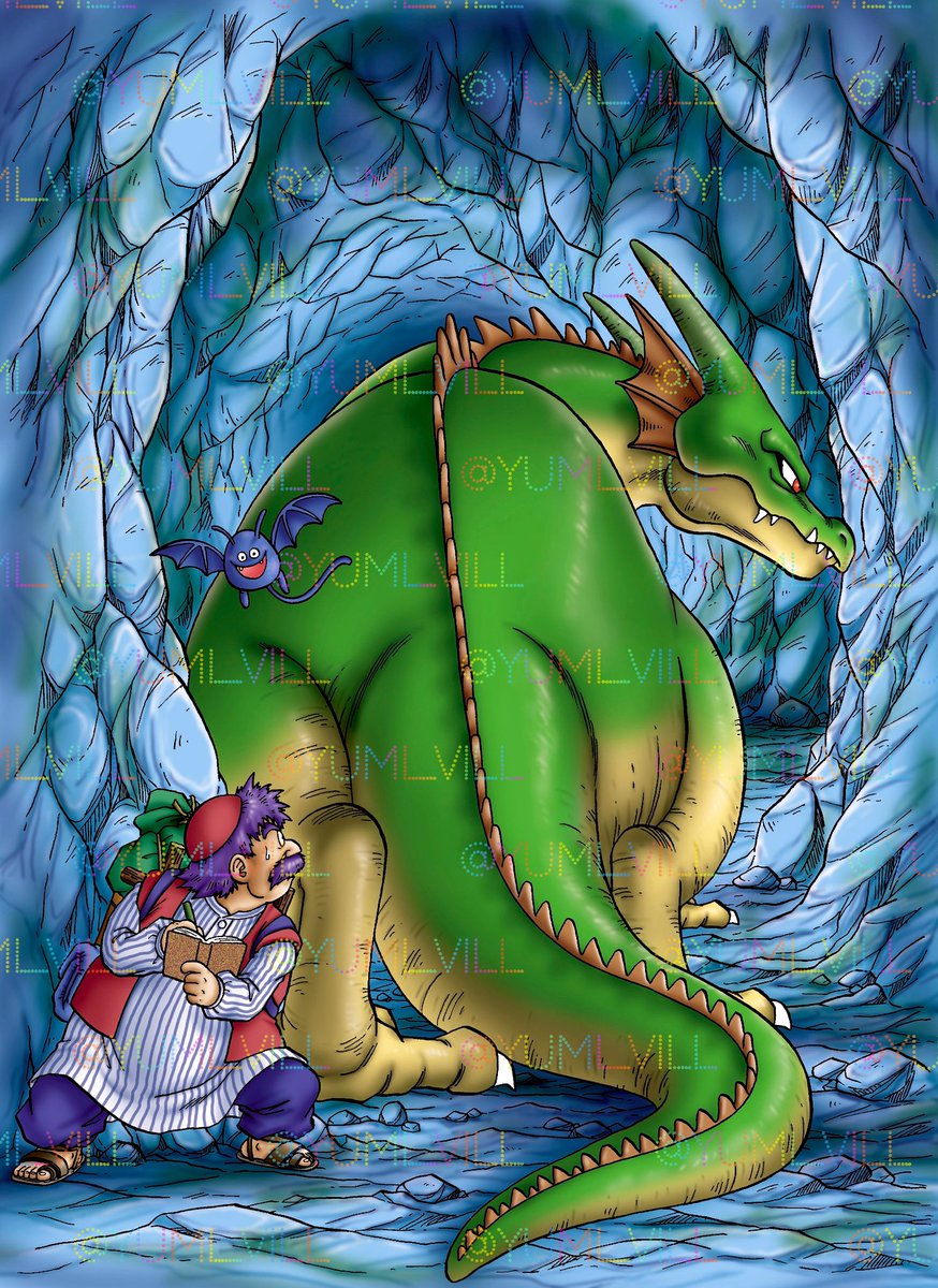 #過去job蔵出し
(トルネコの大冒険2アドバンス公式ガイドブック第6章扉より)

しばらく時間が取れないので、昔の仕事イラストで失礼！
『モンスター完全ファイル』の章なので、トルネコが観察しているところ。ドラゴンの迫力が伝われば嬉しいです。