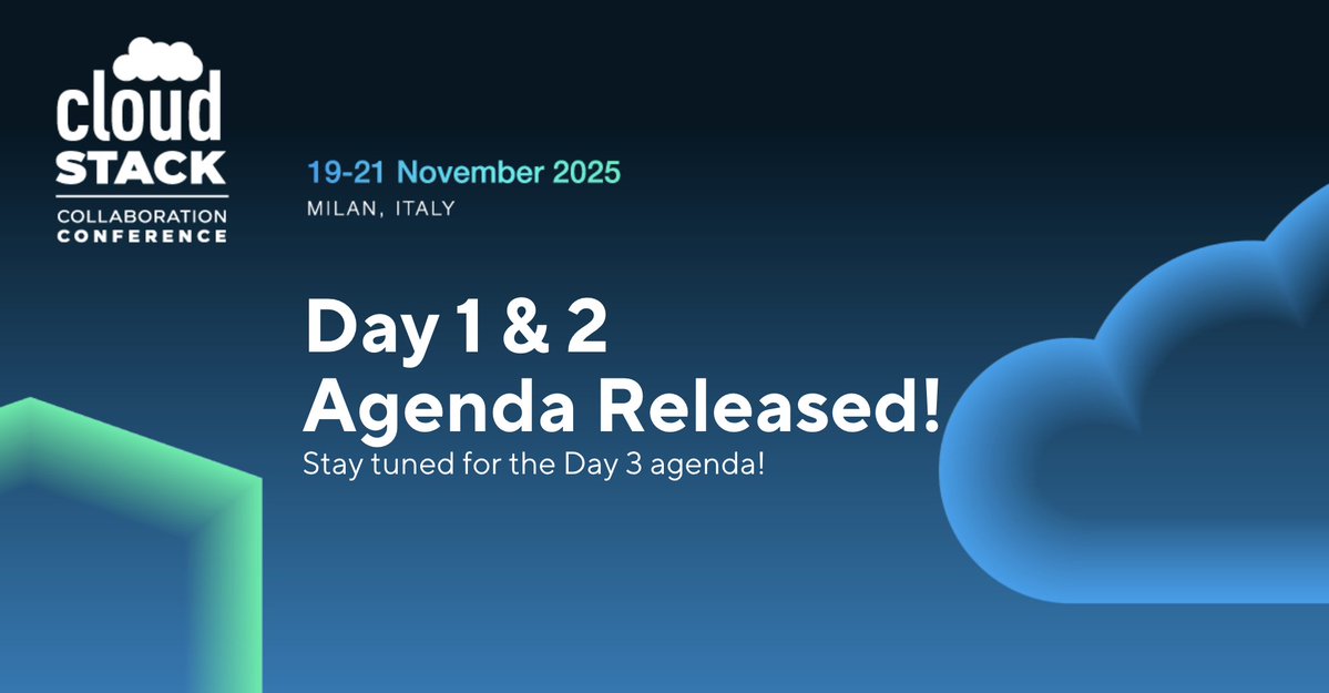 CloudStack's tweet image. The Day 1 &amp;amp; 2 agenda for #CloudStackCollab is confirmed! Packed with technical sessions on cloud infrastructure &amp;amp; open-source virtualization. 

View the agenda!
👉 cloudstackcollab.org/agenda 

Stay tuned for the Day 3 agenda!