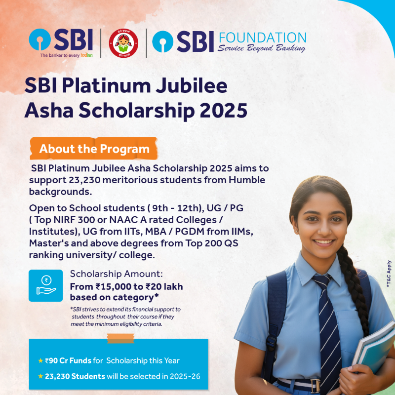 TheOfficialSBI's tweet photo. Education opens doors to a brighter future, and SBI Platinum Jubilee Asha Scholarship 2025–26 is committed to making it accessible.

With funding support from ₹15,000 to ₹20 lakhs per year, the program will benefit over 23,000 deserving students across India.
