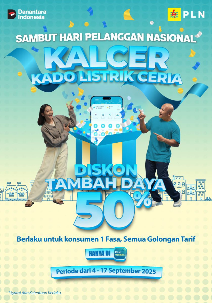 Dalam semangat Hari Pelanggan Nasional, PLN menghadirkan KALCER – Kado Listrik Ceria 2025
Dapatkan Diskon Tambah Daya 50% untuk konsumen 1 fasa semua golongan tarif, hanya melalui PLN Mobile 

#KadoListrikCeria
#PromoKALCERPLN
#HariPelangganNasional
#PLNMobile
#SemuaMakinMudah