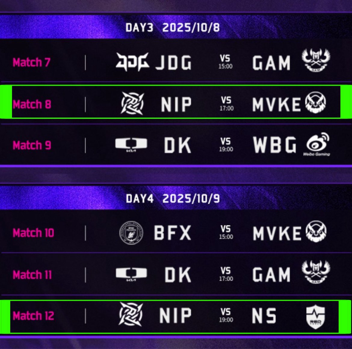 chocomochi123's tweet photo. 울팀 ASI 스케줄🤩
다 이기자구‼️🫶

My team’s match schedule of ASI
Let’s Goo Ninjas🥷💚

#Doinb #도인비 #ASI #NIP #NIPWIN #NIPLOL #LeagueOfLegends #letsgoNIP #GONINJAS https://t.co/tBFS8Pz2w9