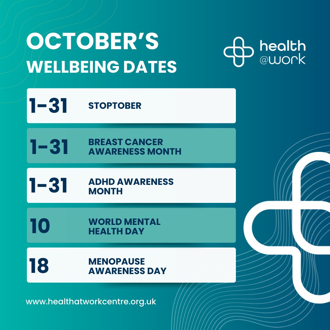 October Health and Wellbeing Dates 📅

October is filled with important health and wellbeing dates, including Stoptober, Breast Cancer Awareness Month, and ADHD Awareness Month.

To have a look at our full wellbeing calendar for 2025, visit our website!