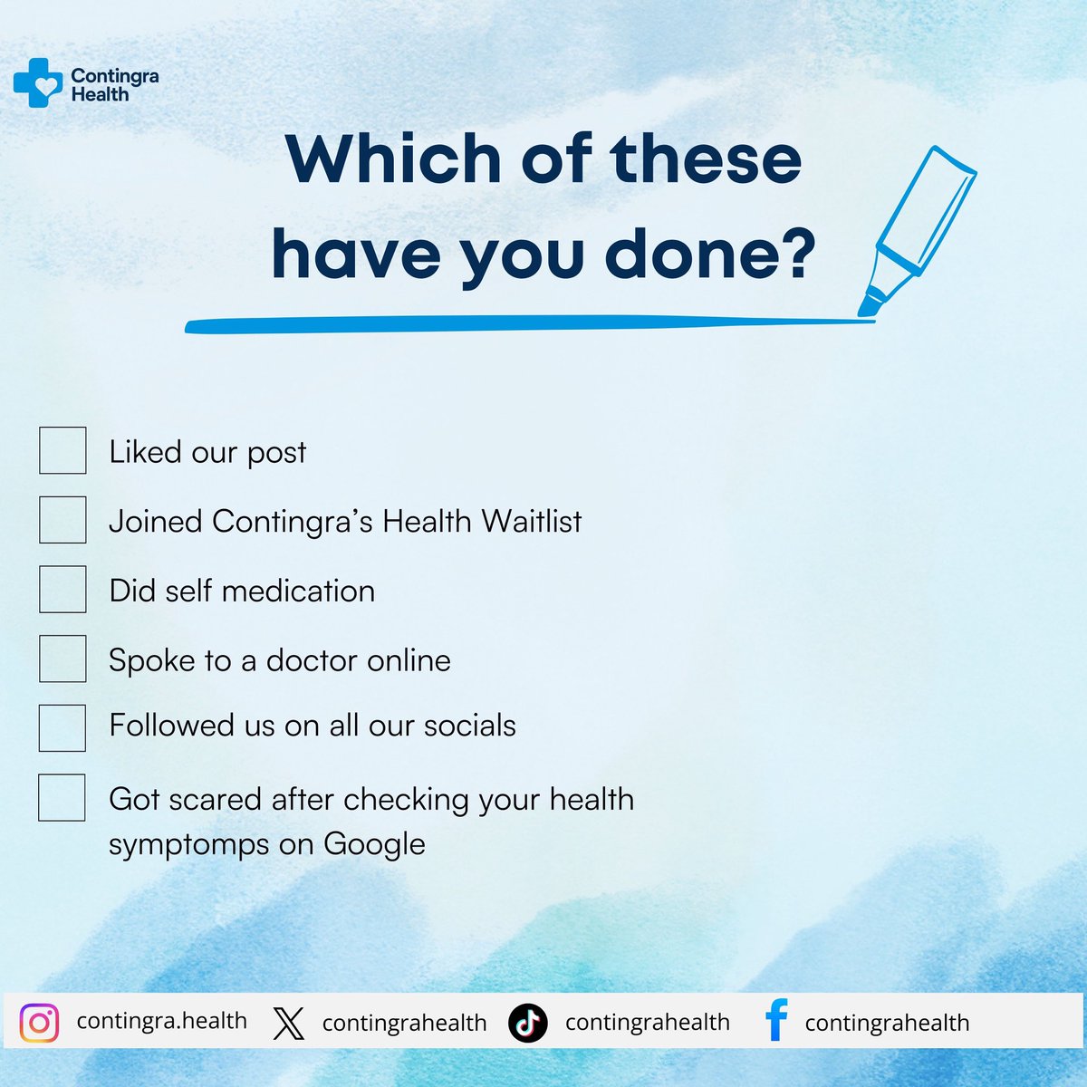 contingrahealth's tweet photo. Which of these have you done? We want to know. Did you follow us or did you join our waitlist?
Tell us in the comments.
#ContingraHealth #lastdayofthemonth #TelemedicineNigeria #DigitalHealthcare #explorepage #explore https://t.co/MPcpkrWF9a