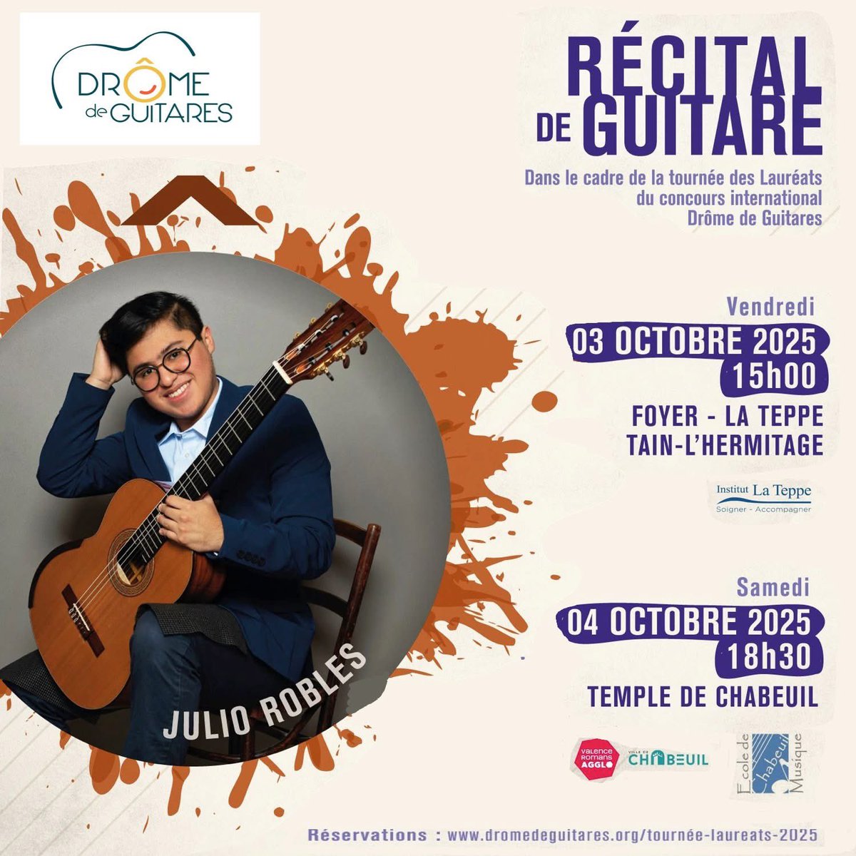 🗓 Ultimes rendez-vous de la tournée des lauréats 2025.

On vous donne rendez-vous ce week-end, dans la Drôme, pour les concerts de Julio ROBLES (lauréat 2023 du concours international) que nous sommes ravis d'accueillir à nouveau !