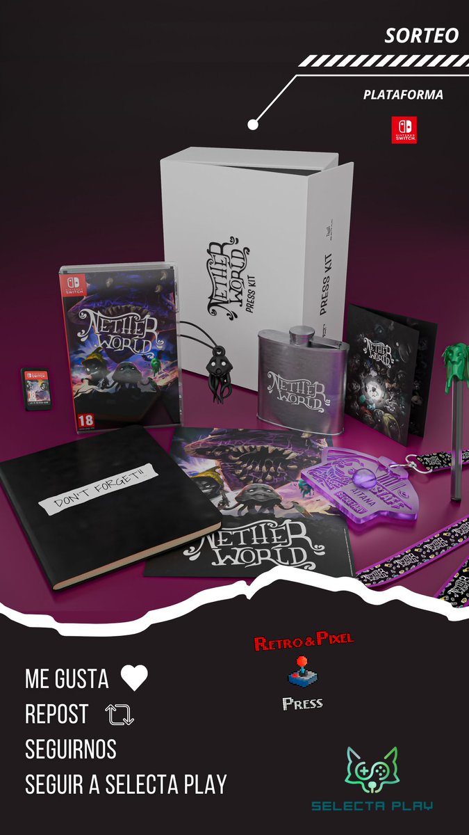 retropixelpress's tweet photo. 🎈 Es turno del #Sorteo #Giveaway del martes por nuestro 2º aniversario: Una edición física - Press Kit para Nintendo Switch de la aventura NetherWorld (@HungryPixlGames). 

Gracias a la editora @SelectaPlay 💜🪼

Instrucciones para participar ⬇️ https://t.co/XrDI720qK4