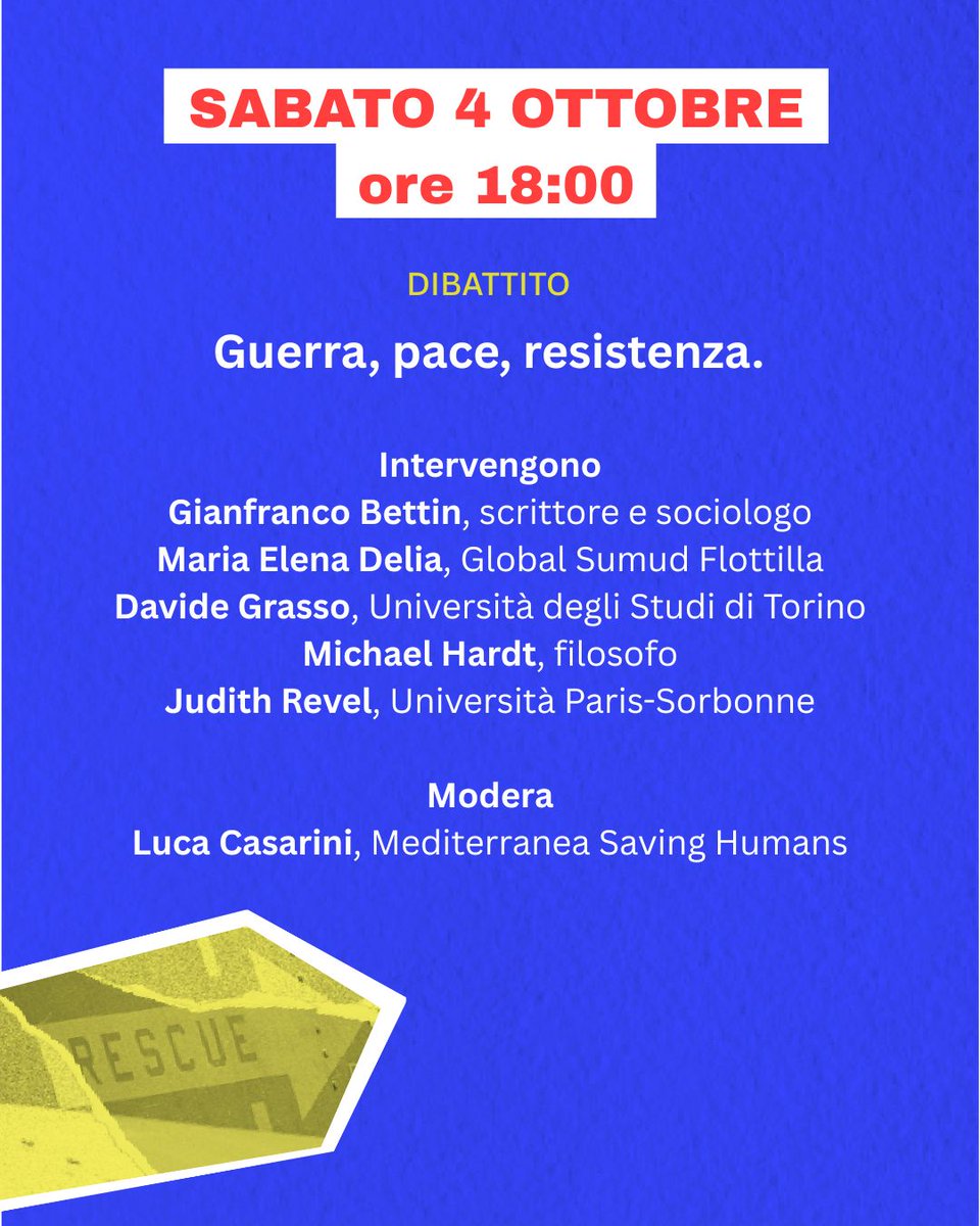 Per le amiche e gli amici di #Venezia: questo sabato h 18.00, al Festival di #Mediterranea presso il centro sociale Rivolta di Marghera, discuterò di "#Guerra, #pace e #resistenze" con Maria Elena Delia, Michael Hardt, Judith Revel e Gianfranco Bettin e Luca Casarini
