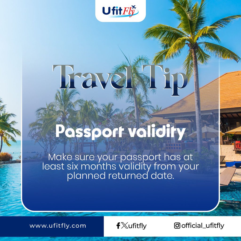 ufitfly's tweet photo. Travel Tip Tuesday! 🗺️✈️
Before booking your trip, check your passport validity. Ensure it doesn't expire within 6 months of your return date.
Stay ahead, stay informed!
#TravelTips #PassportValidity #UFitFly #TravelWithUs https://t.co/kvOiWmjJmX