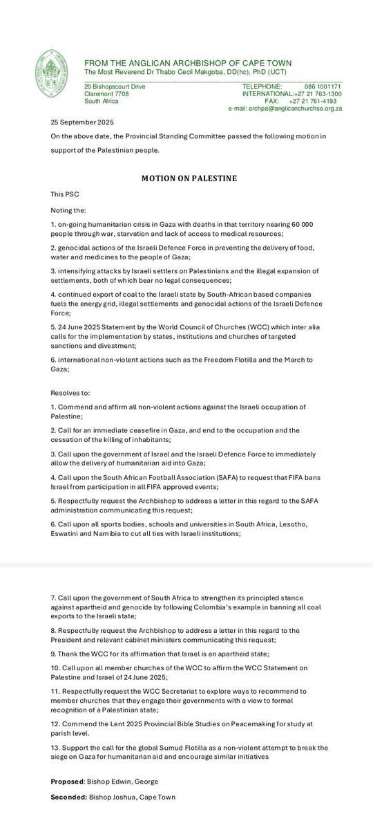 SAJFP_'s tweet photo. We Applaud Anglican Church @AnglicanWorld Anglican Bishop Rev Dr Magoba for taking a meaningful stand, calling on Israel to:- #StopGazaGenocideNOW #StopfuelingGenocide with South African Coal; stop the blockade, starving people in Gaza #LetGazaEat and let aid into Gaza. https://t.co/fvKBNZz0ds