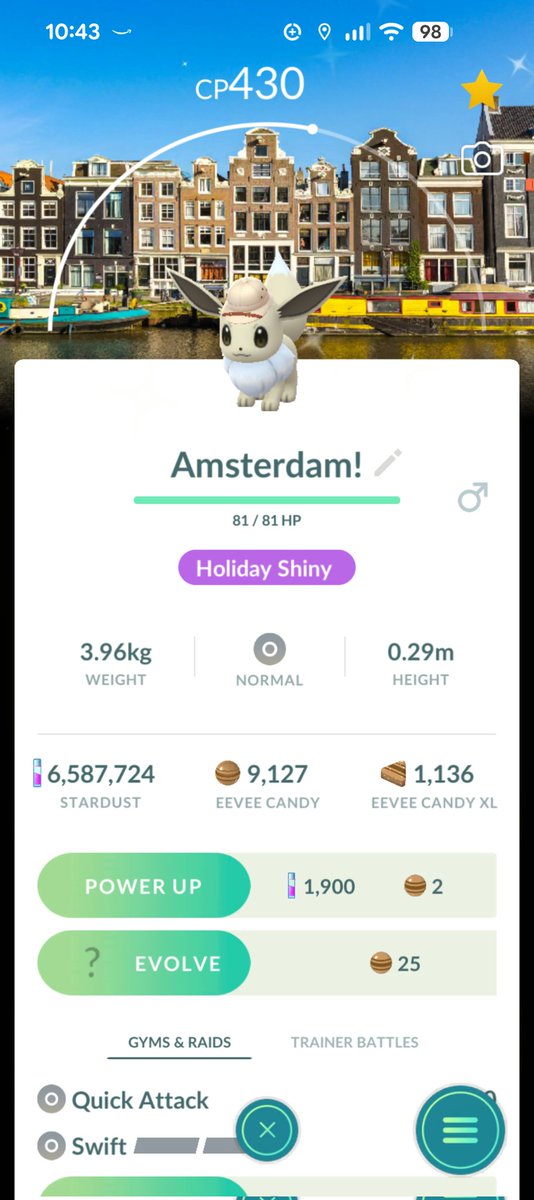 pix_lady's tweet photo. Great city safari weekend in Amsterdam! 
1 shiny eevee ✨ 
46 shines in total ✨ 
2 %100 mudbrays 💯 
#amsterdamn #citysafarie #PokemonGO https://t.co/R5Dlez9WJV