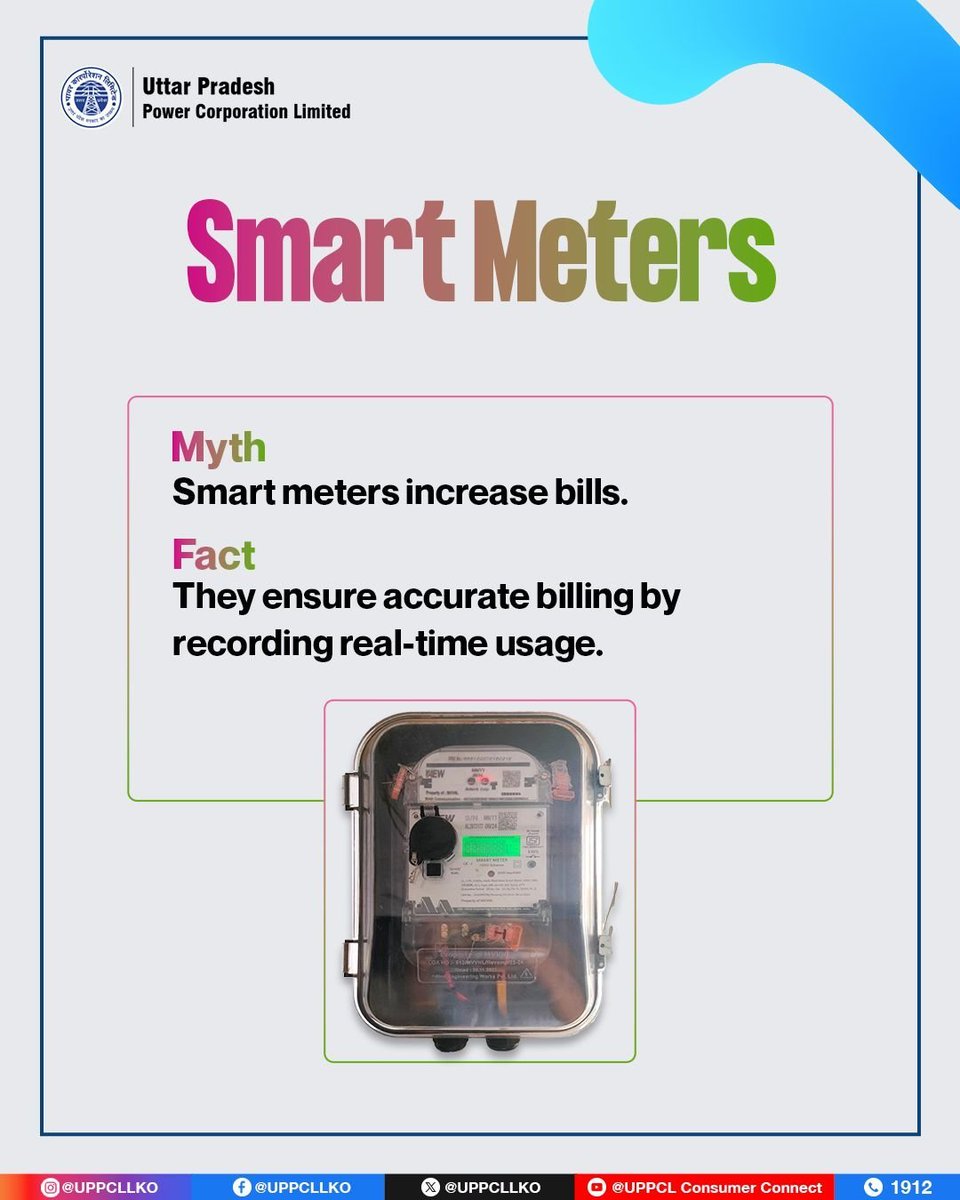 PuVVNLHQ's tweet image. Track your power consumption in real time with smart meters. Experience hassle-free and fair billing.
#UPPCL #PuVVNL #SmartMeters #PowerForProgress
@aksharmaBharat @EMofficeUP @ChairmanUppcl
@CMOfficeUP @ChiefSecyUP @UPPCLLKO
@DTPuvvnl